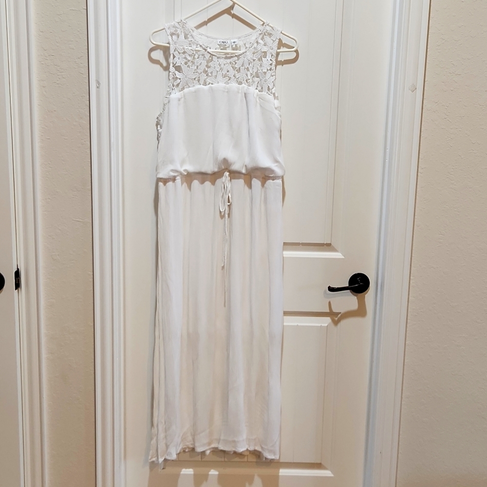 White, sleeveless, lace top, linen bottom, side slit dress.